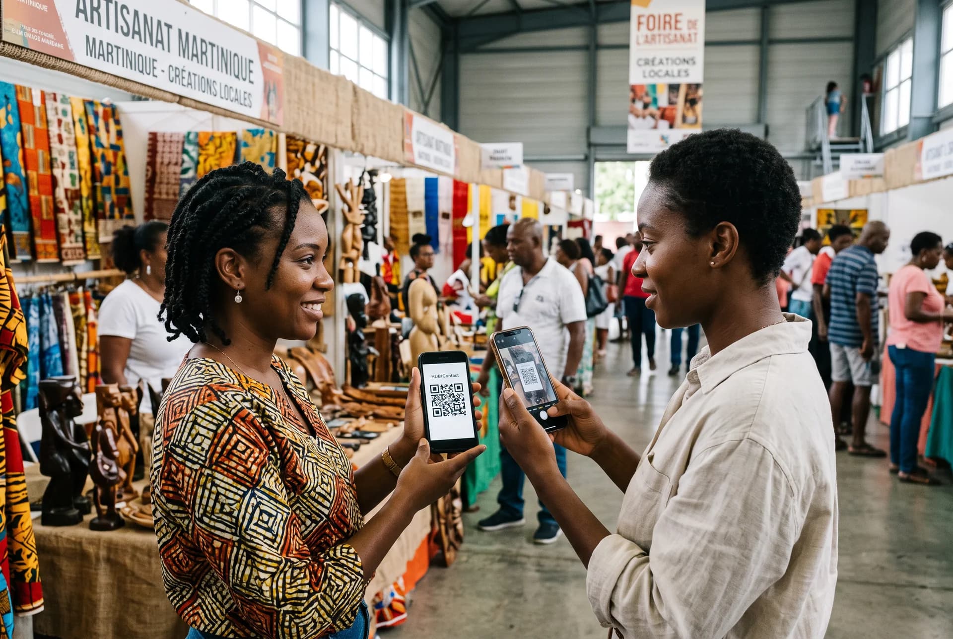 Illustration : des professionnels échangent leurs contacts pendant un salon en Martinique.