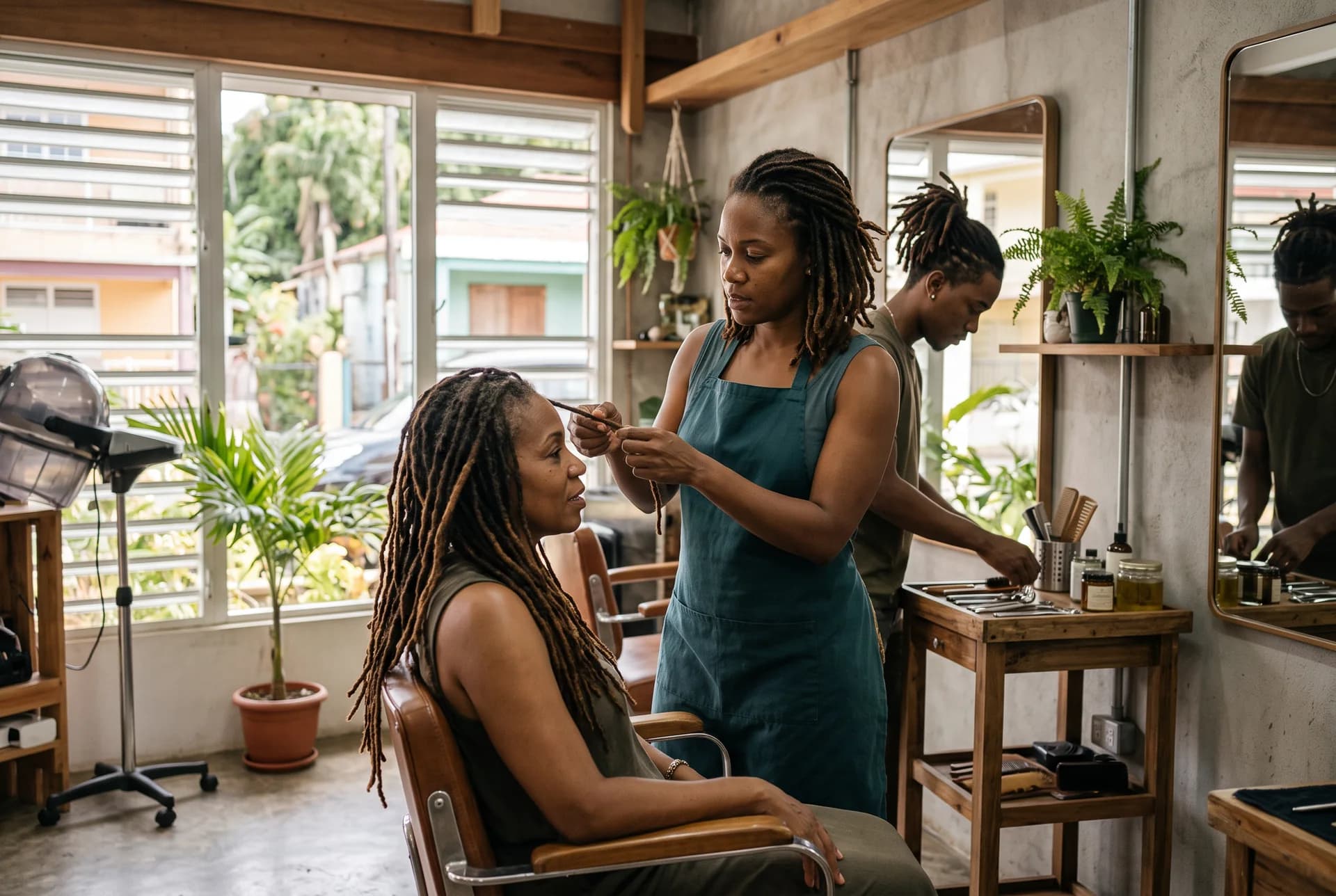 Coiffeuse locks et son équipe au travail dans un salon antillais contemporain