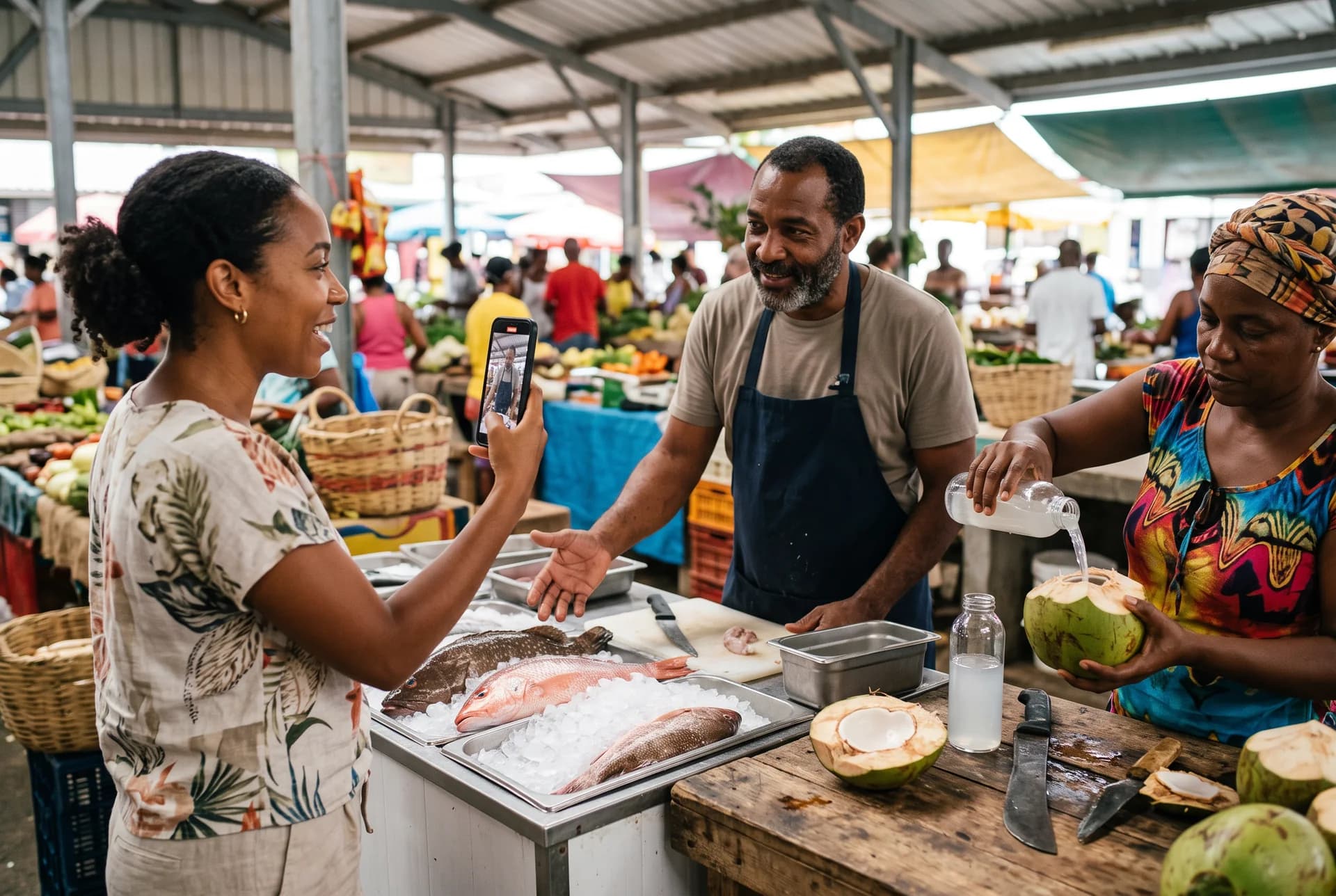 Animatrice filmant un poissonnier et une vendeuse d’eau de coco sur un marché guadeloupéen