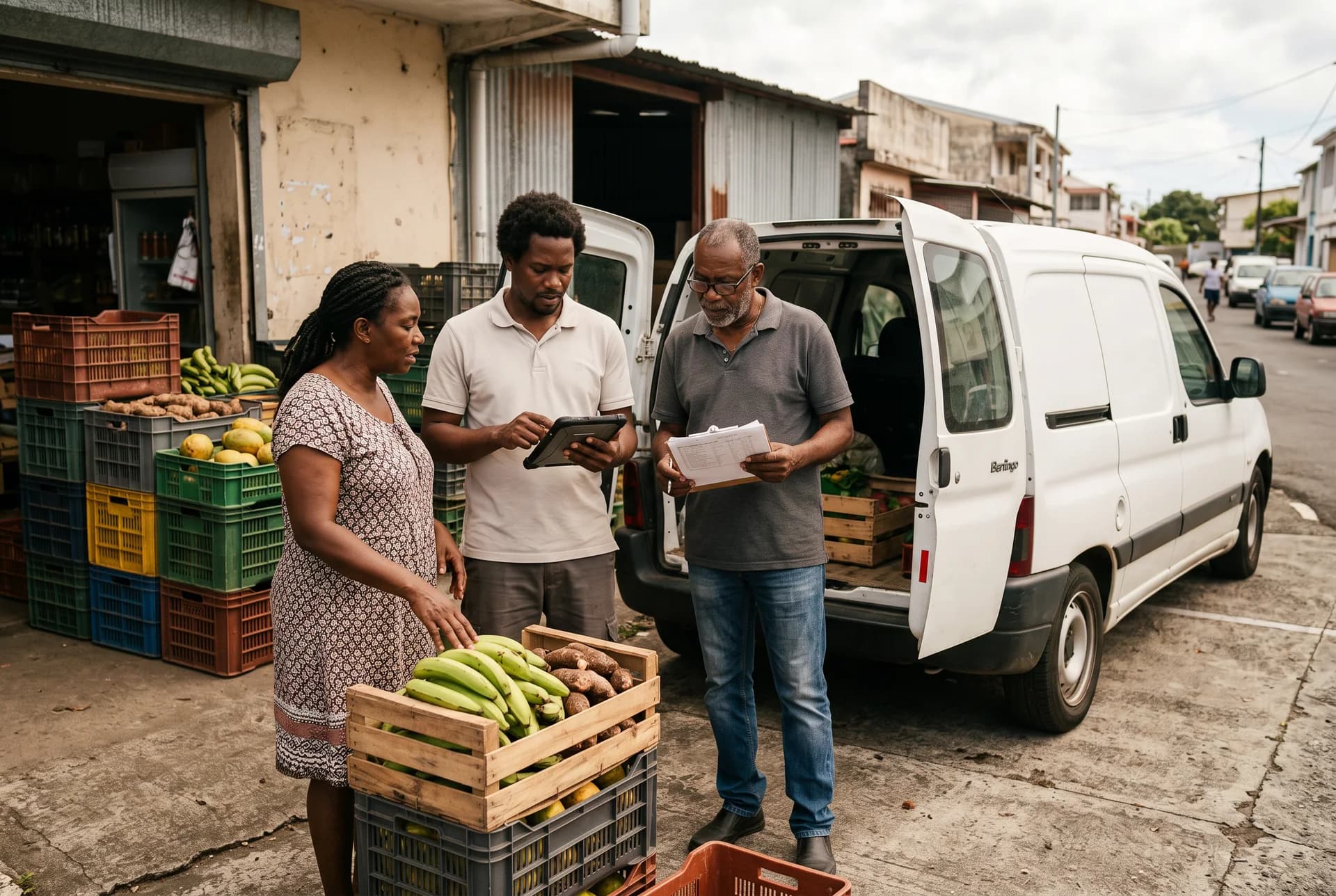 Producteurs et coordinatrice organisant la circulation de produits locaux