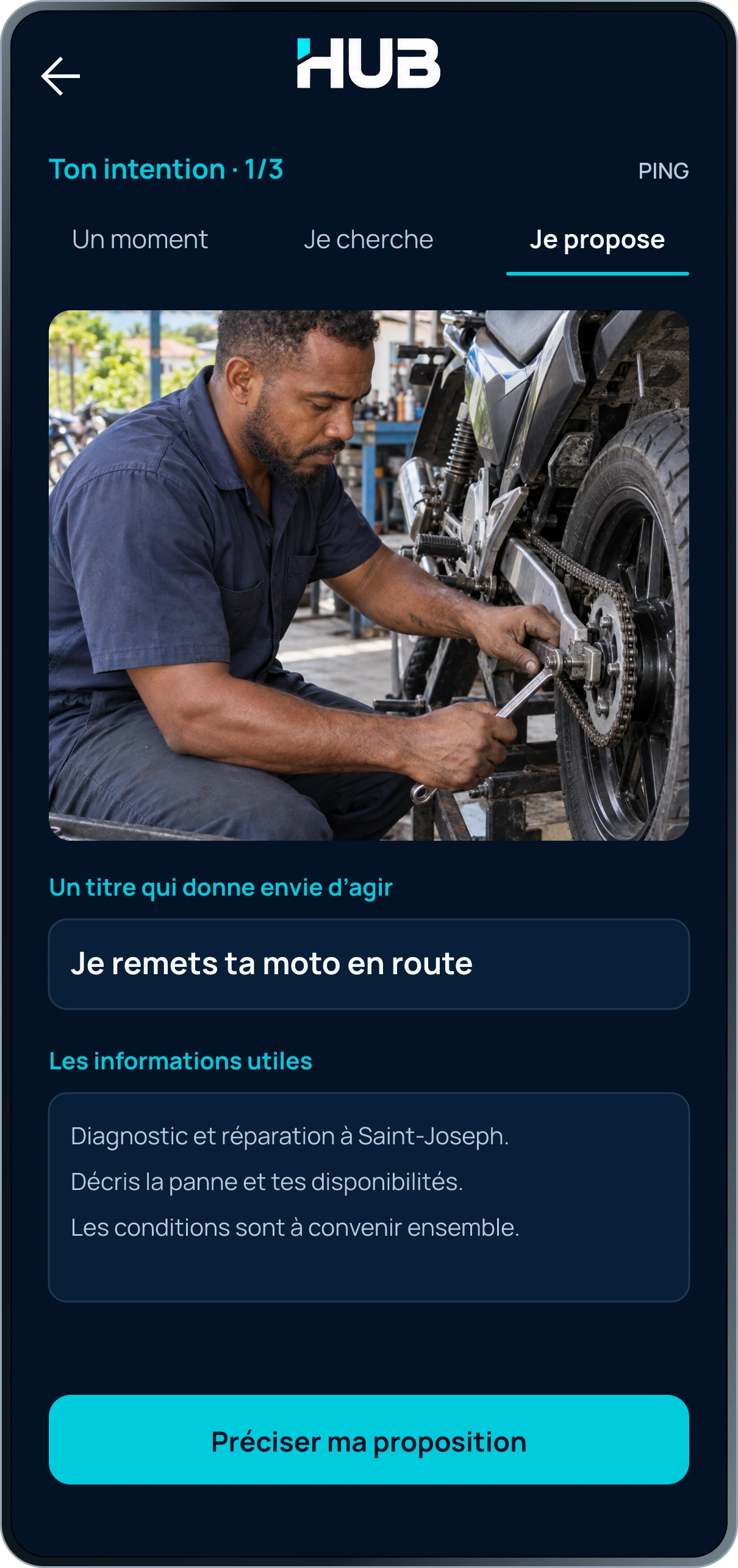 Création d’un PING : un mécanicien propose une réparation de moto avec un titre et une description.
