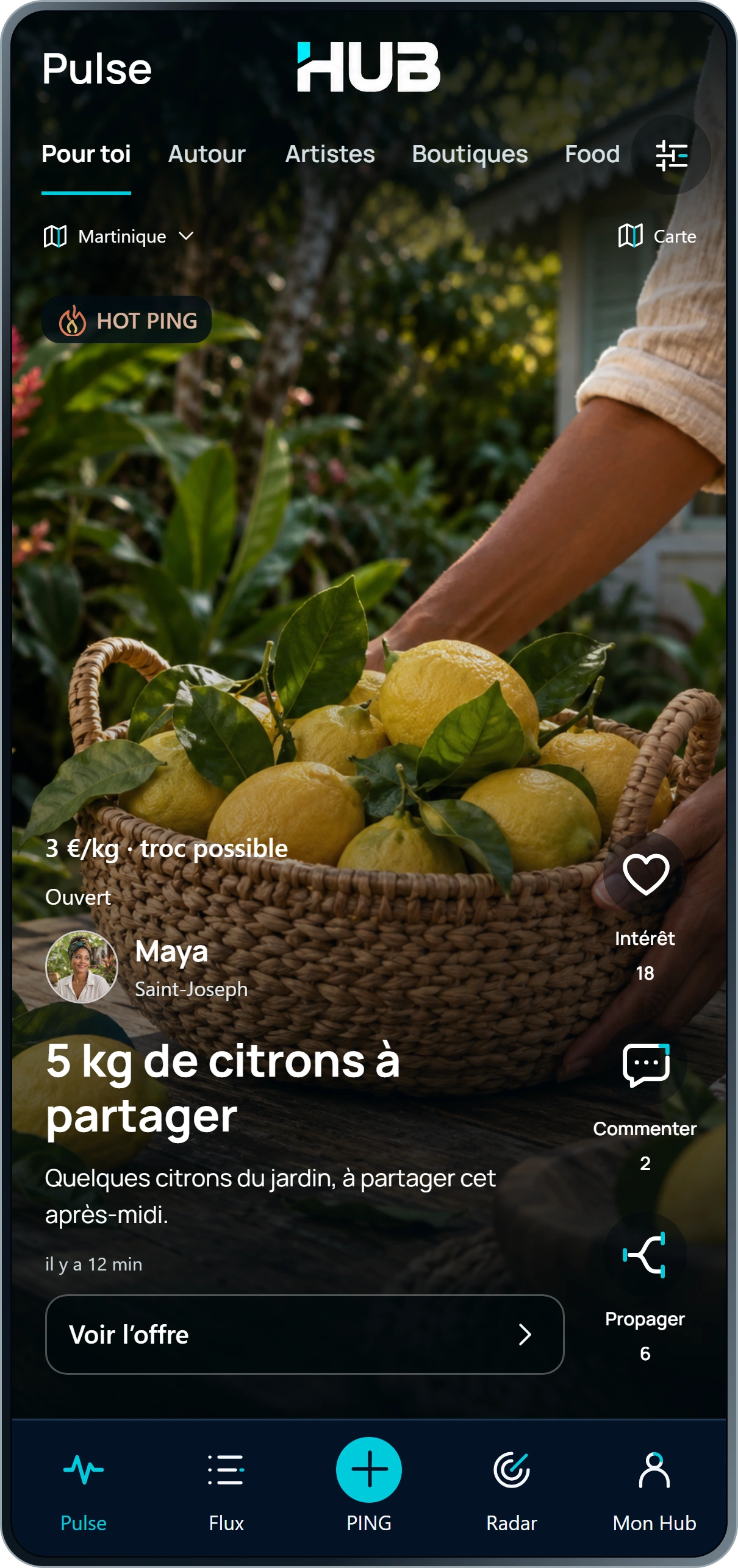 Écran Pulse de HUB présentant une proposition de citrons à partager à Saint-Joseph.