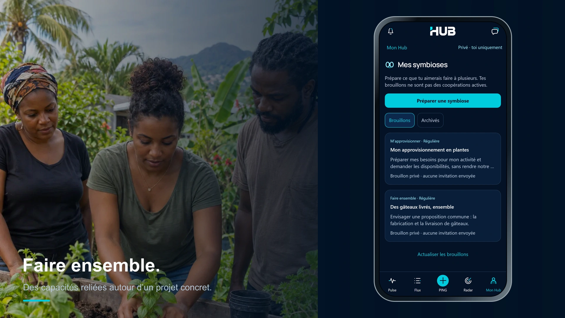 Des capacités réunies autour d’un projet : une scène de jardin et un aperçu de Symbiose dans HUB.