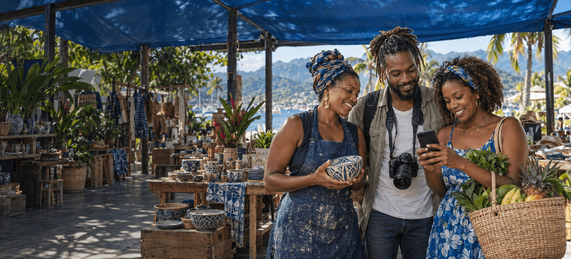 Scène créée par IA : une céramiste, un photographe et une cliente regardent ensemble un téléphone dans un marché antillais. Les personnes sont fictives.